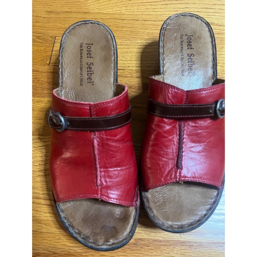 Josef Seibel Womens Red Leather Buckle Slide Sandals Wedge Mules Size 42 EU